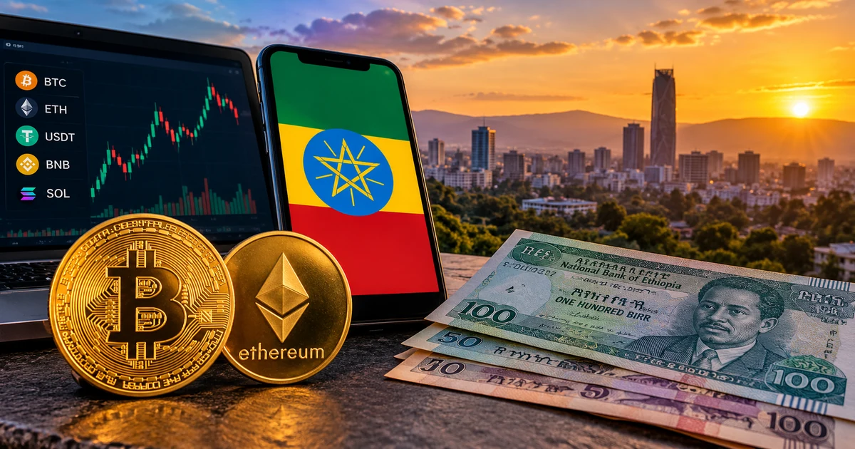 Bitcoin and Ethereum coins beside Ethiopian birr banknotes and a smartphone overlooking Addis Ababa, illustrating Ethiopia's cryptocurrency market and ETB trading restrictions.