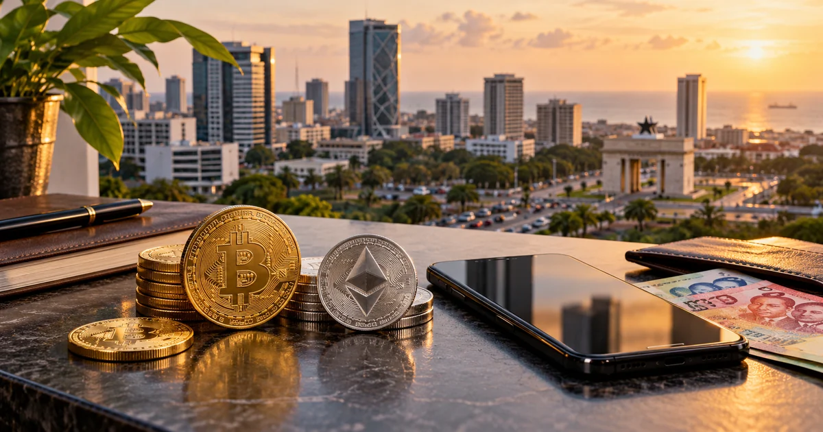 Bitcoin and Ethereum coins beside a smartphone and Ghanaian cedi banknotes, overlooking Accra's skyline at sunset, illustrating cryptocurrency exchanges, MTN MoMo payments and GHS trading in Ghana.