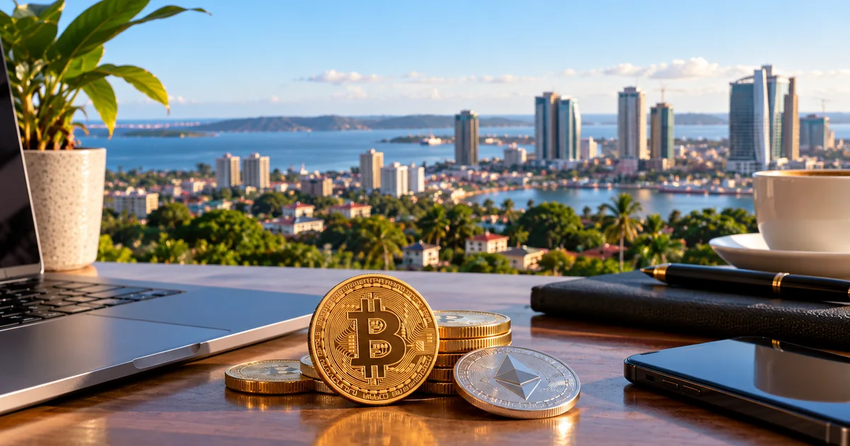 Bitcoin and Ethereum coins on a desk overlooking Dar es Salaam's coastal skyline, illustrating cryptocurrency exchanges, TZS payments and digital asset trading in Tanzania.