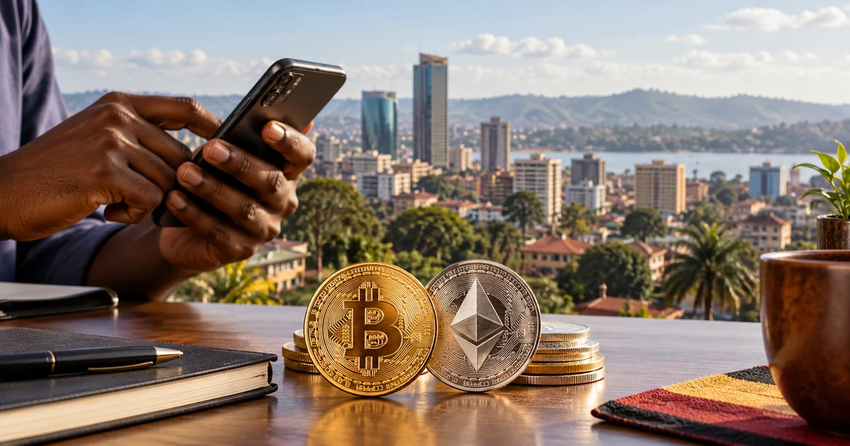 Bitcoin and Ethereum coins beside a smartphone overlooking Kampala, Uganda, illustrating cryptocurrency exchanges, UGX trading, MTN Mobile Money and Airtel Money payments.