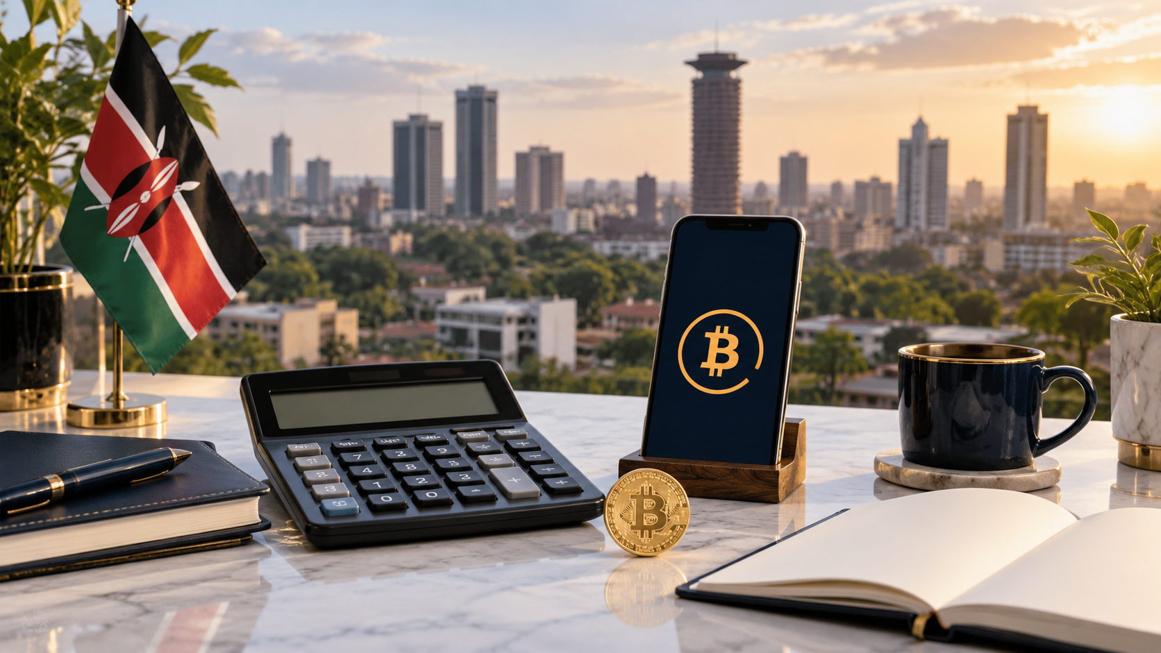 Calculator and smartphone beside a Bitcoin token, notebook and Kenyan flag, illustrating a Bitcoin purchase calculation in shillings.