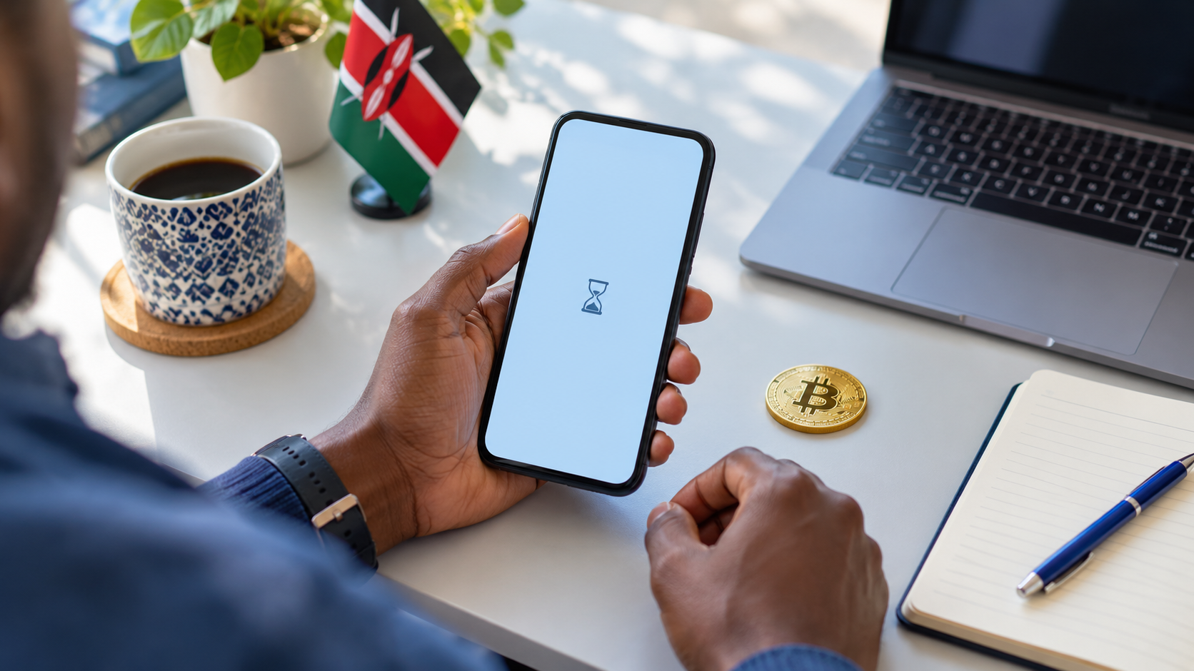 Person checking a smartphone with an hourglass icon beside a Bitcoin token and notebook on a desk with a Kenyan flag.