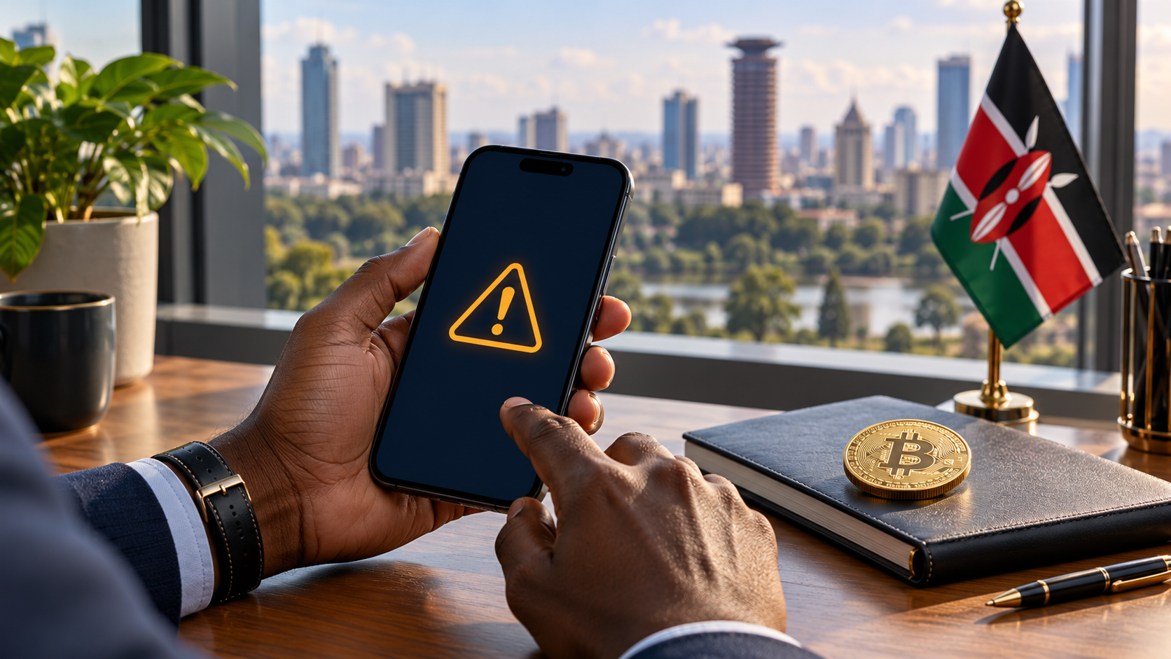 Person checking a warning symbol on a smartphone beside a Bitcoin token and Kenyan flag, illustrating how to spot Bitcoin scams in Kenya.