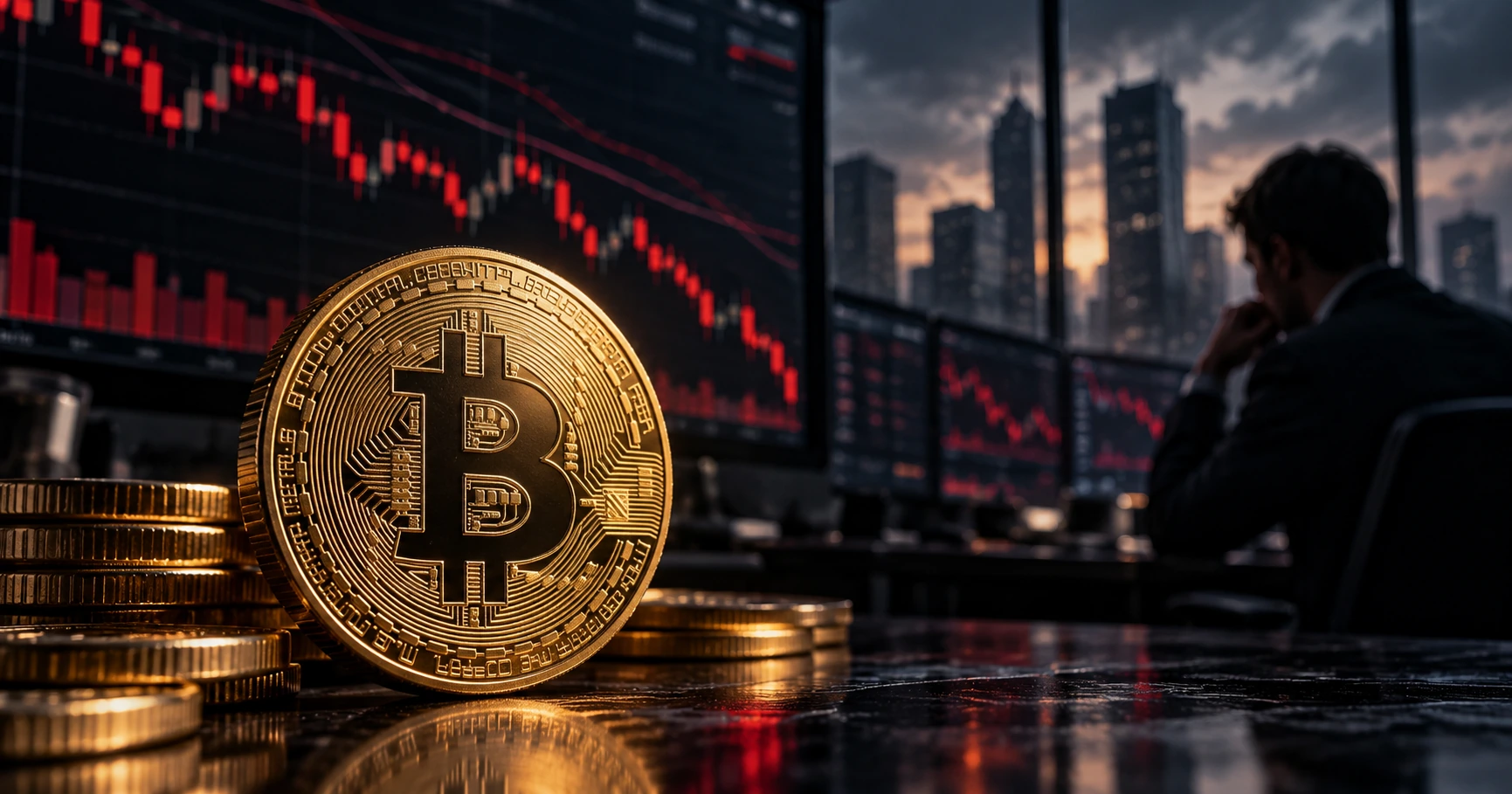 Gold Bitcoin coin against declining cryptocurrency market charts, illustrating Bitcoin's price struggles near $82,000
