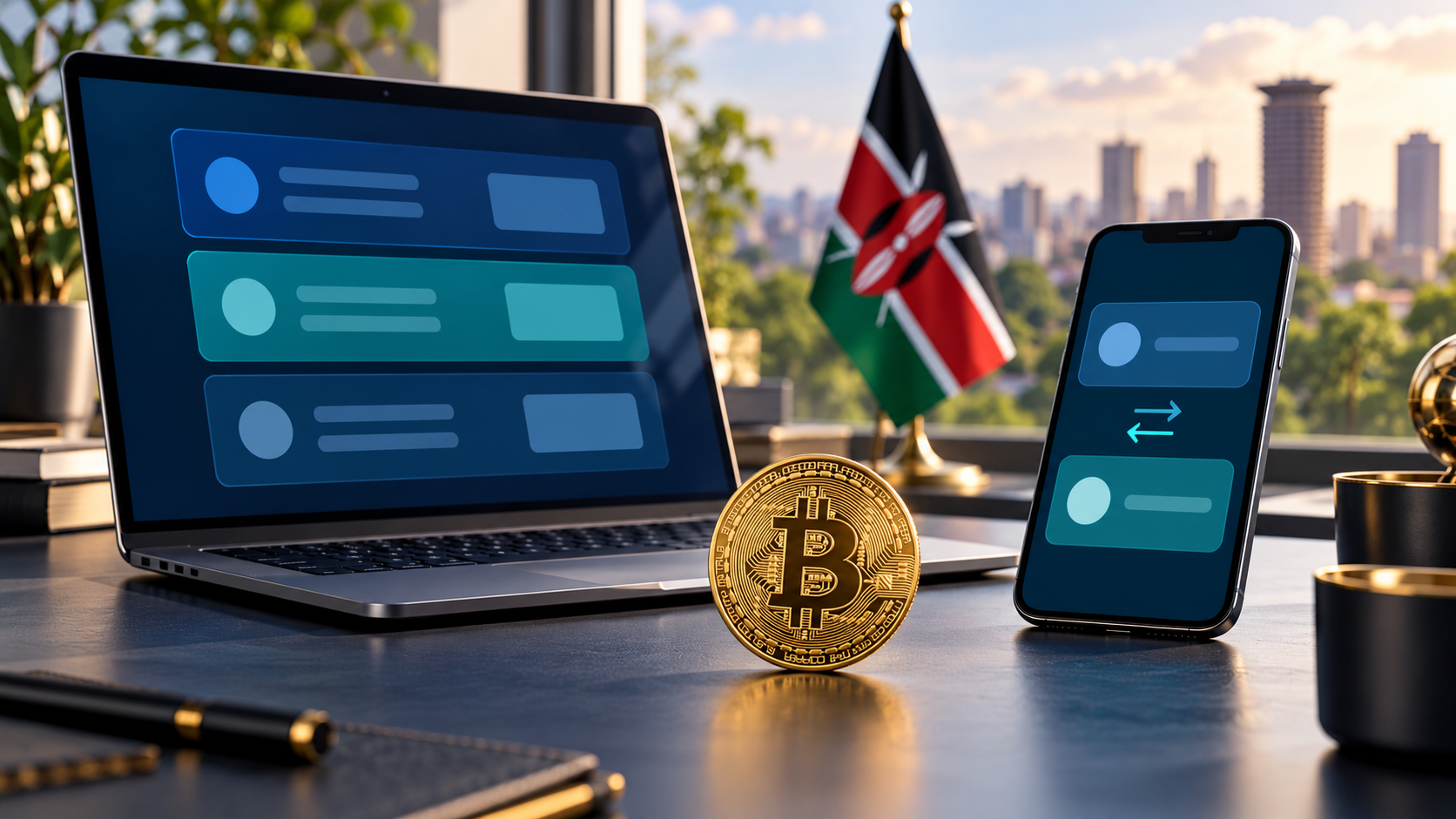 Bitcoin token beside a laptop, smartphone and Kenyan flag, illustrating differences in Bitcoin-to-KES exchange-rate quotes between platforms.