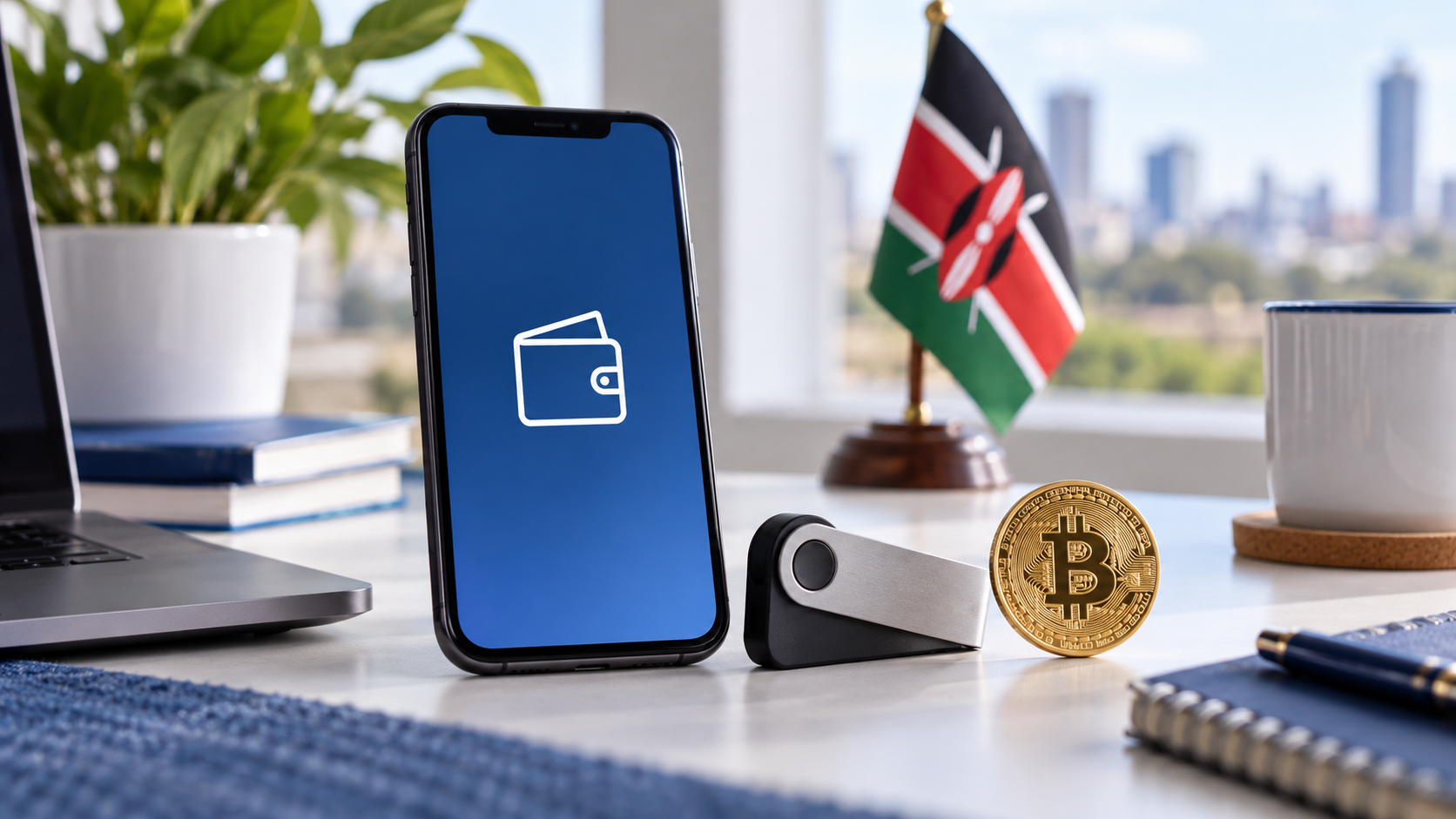 Smartphone beside an unbranded hardware wallet, Bitcoin token and Kenyan flag, illustrating Bitcoin custody options.