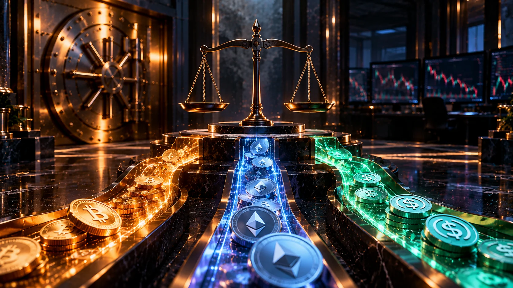 Cinematic illustration of a balance scale inside a cryptocurrency vault, with Bitcoin, Ethereum and stablecoin tokens flowing toward the scale, symbolizing BitMart's proposed recovery options.