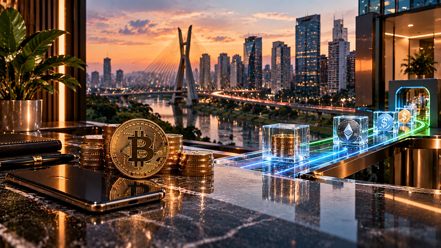 Bitcoin and cryptocurrency tokens travelling along a glowing transfer pathway above a modern desk overlooking São Paulo at sunset, illustrating Bity's 2026 customer migration.