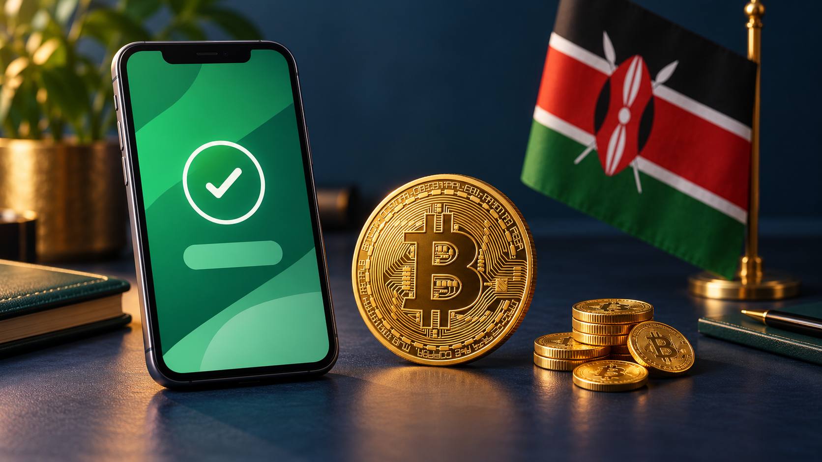 Smartphone showing a payment confirmation beside gold Bitcoin tokens and a Kenyan flag, illustrating small Bitcoin purchases with M-Pesa in Kenya.
