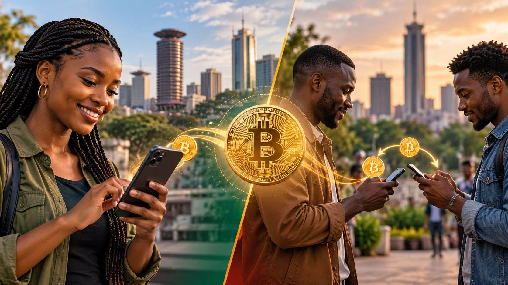 Comparison of buying Bitcoin with M-Pesa versus P2P trading in Kenya, showing a woman using mobile money and two men exchanging Bitcoin through smartphones in Nairobi.