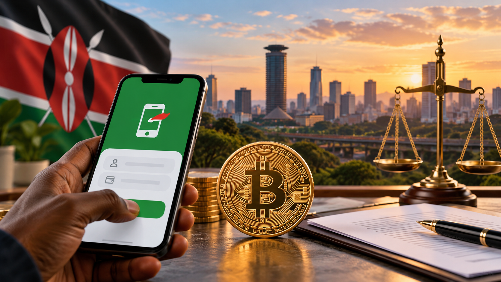 Buying Bitcoin with M-Pesa in Kenya under the VASP regulations, illustrated by a smartphone, Bitcoin coin, Kenyan flag, scales of justice, and Nairobi skyline.