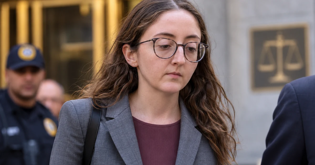 editorial illustration of a woman outside a courthouse, accompanying coverage of Caroline Ellison's FTX-related legal proceedings.