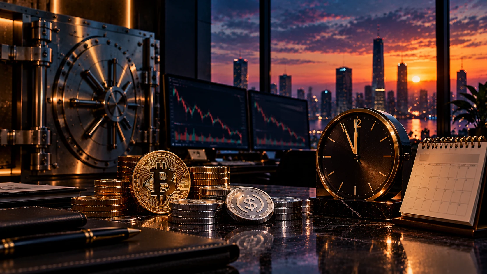 Dark cryptocurrency trading office at sunset with a secure vault, Bitcoin and stablecoin tokens, market screens and a clock indicating CoinEx's withdrawal deadline.