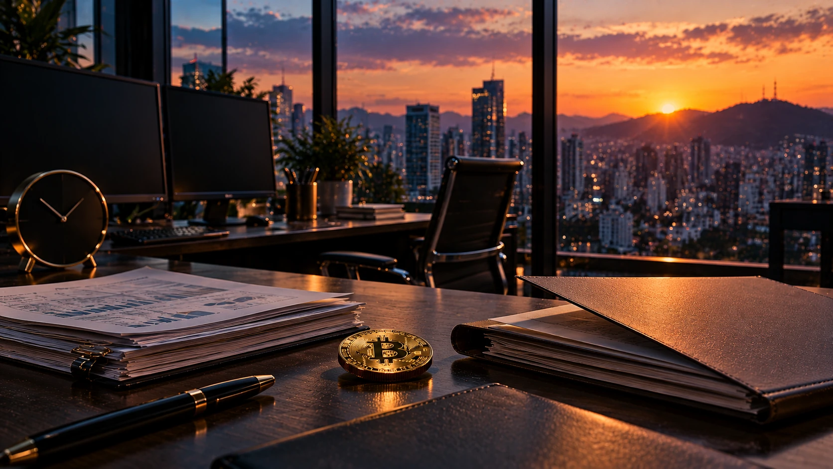 Conceptual evening view of a quiet cryptocurrency trading office with unlit monitors, a Bitcoin coin and financial files against a distant city skyline.
