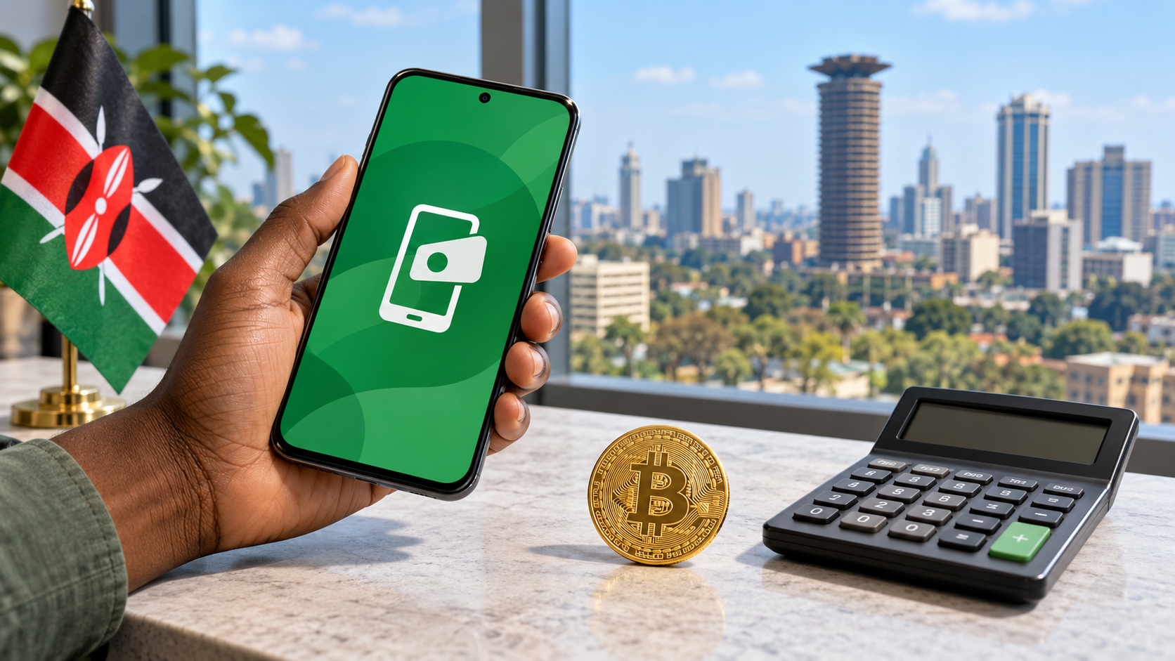 Smartphone, Bitcoin token and calculator beside a Kenyan flag, illustrating the cost of buying Bitcoin with M-Pesa in Kenya.