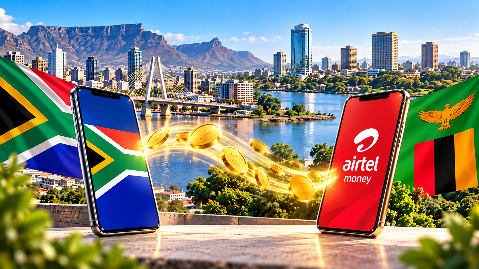Bright, golden-hour illustration of a money transfer from South Africa to an Airtel Money mobile wallet in Zambia, with both flags, smartphones and a glowing payment connection.