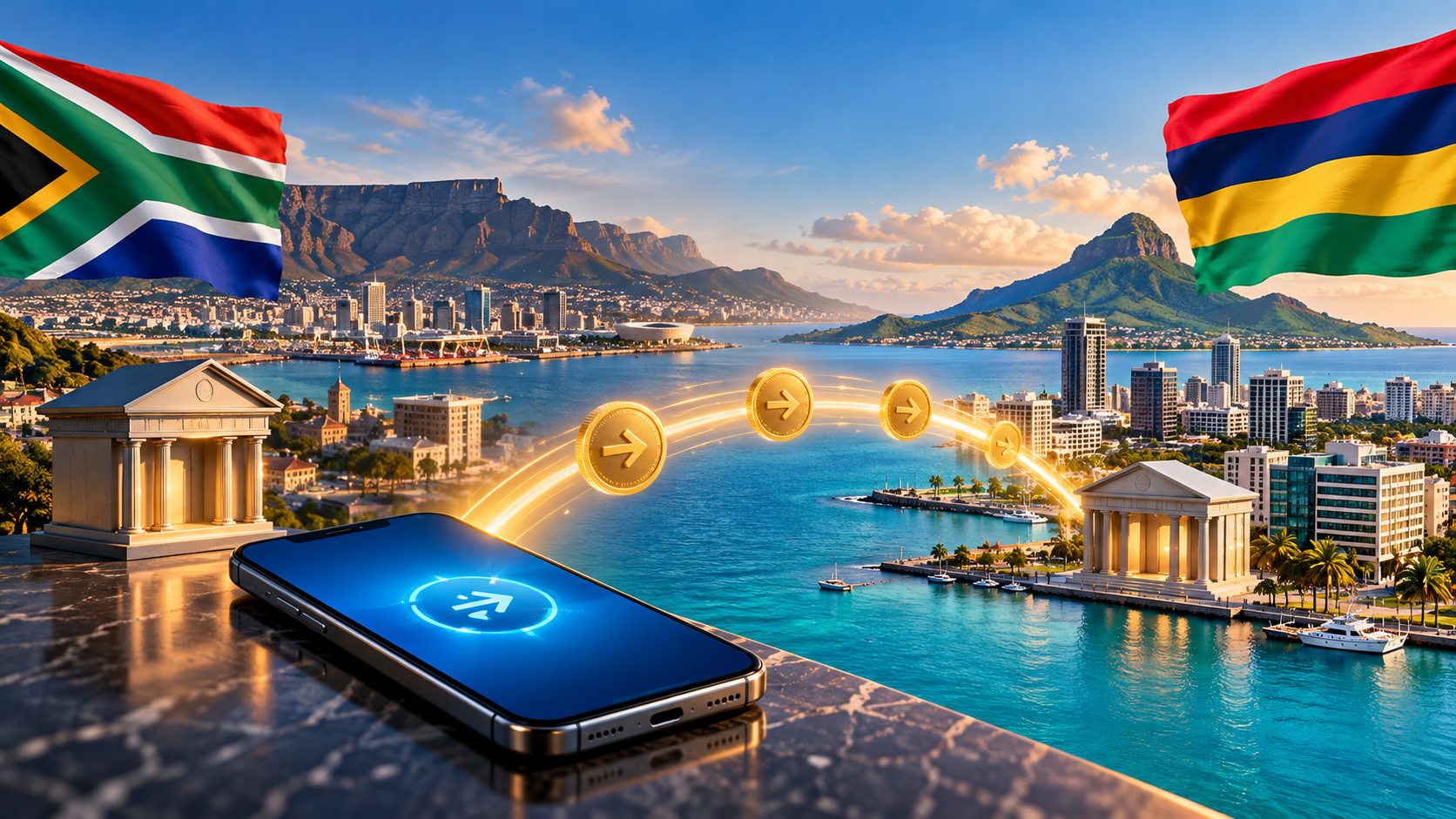 Illustration of a bank transfer from South Africa to Mauritius, with both national flags, bank buildings, a smartphone and a glowing payment route across a harbor.