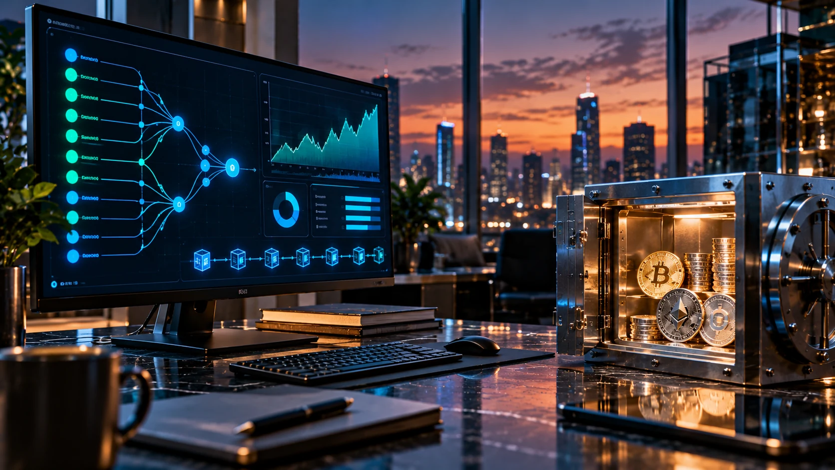 A cinematic crypto exchange security scene with a blue blockchain analytics display, golden cryptocurrency vault and modern city skyline, with no written text.