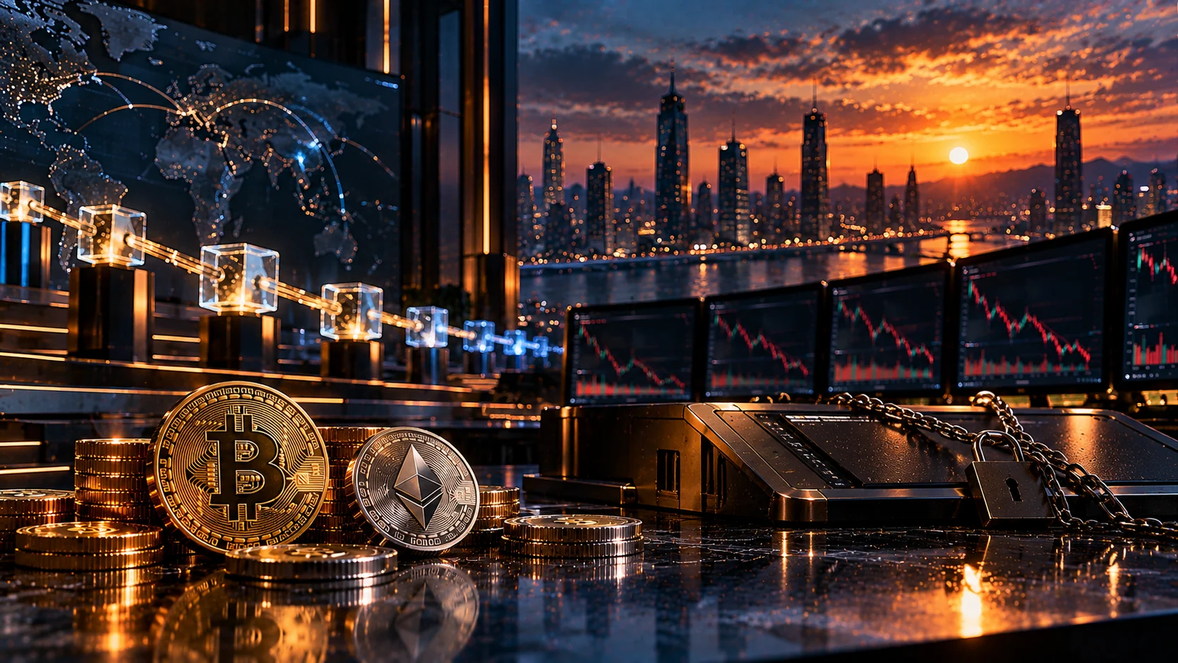 Cinematic scene of cryptocurrency exchange shutdowns with Bitcoin and Ether tokens, dark trading screens, a padlocked exchange terminal and a global blockchain map.