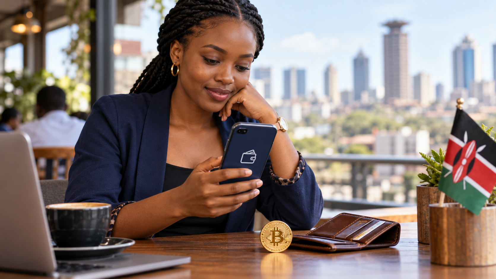 Woman checking a smartphone beside a Bitcoin token, leather wallet and Kenyan flag in a Nairobi cafe.