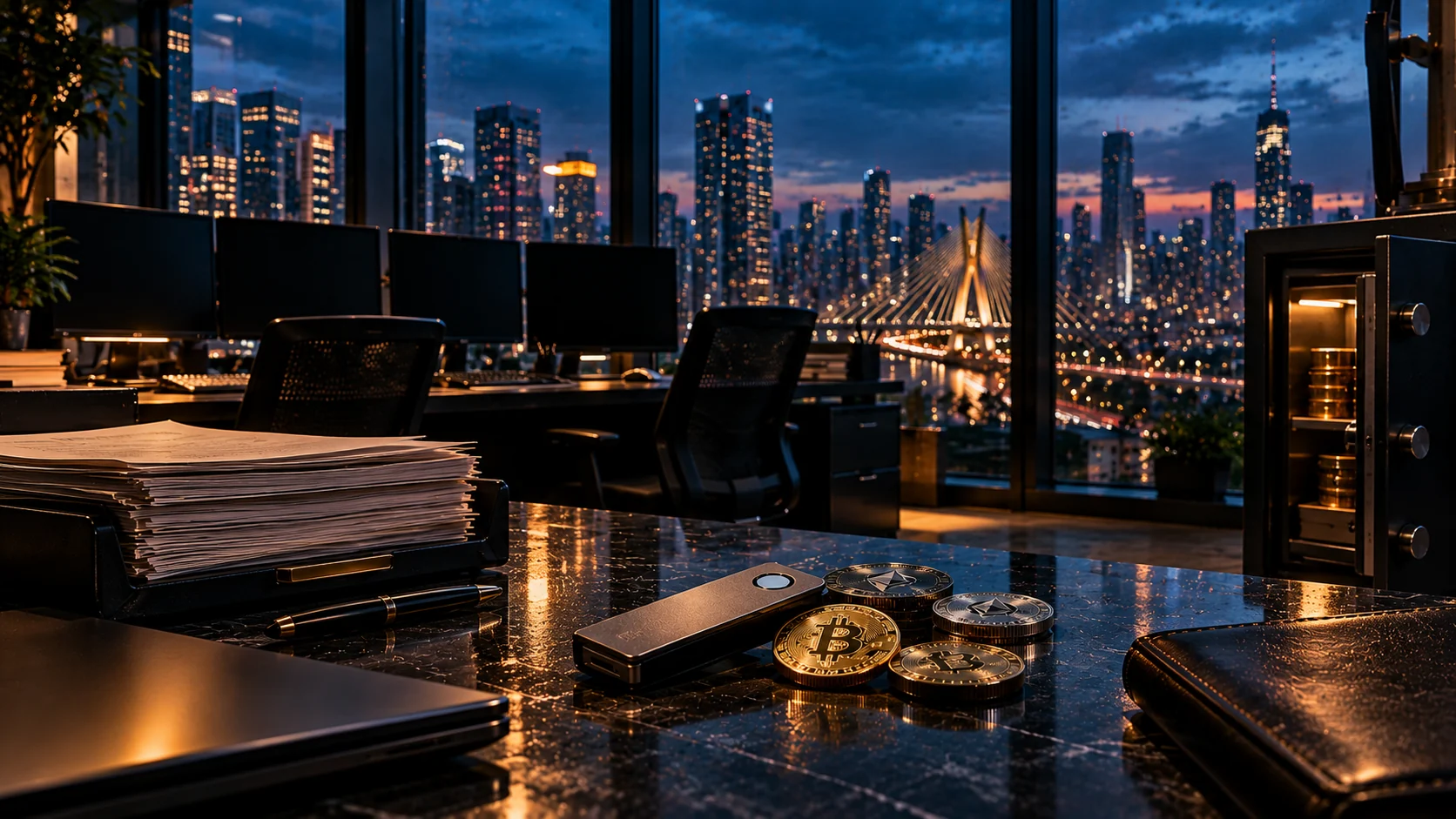 Conceptual illustration of an empty digital-asset trading room at dusk, with a hardware wallet, scattered coins and dark monitors overlooking a city skyline.