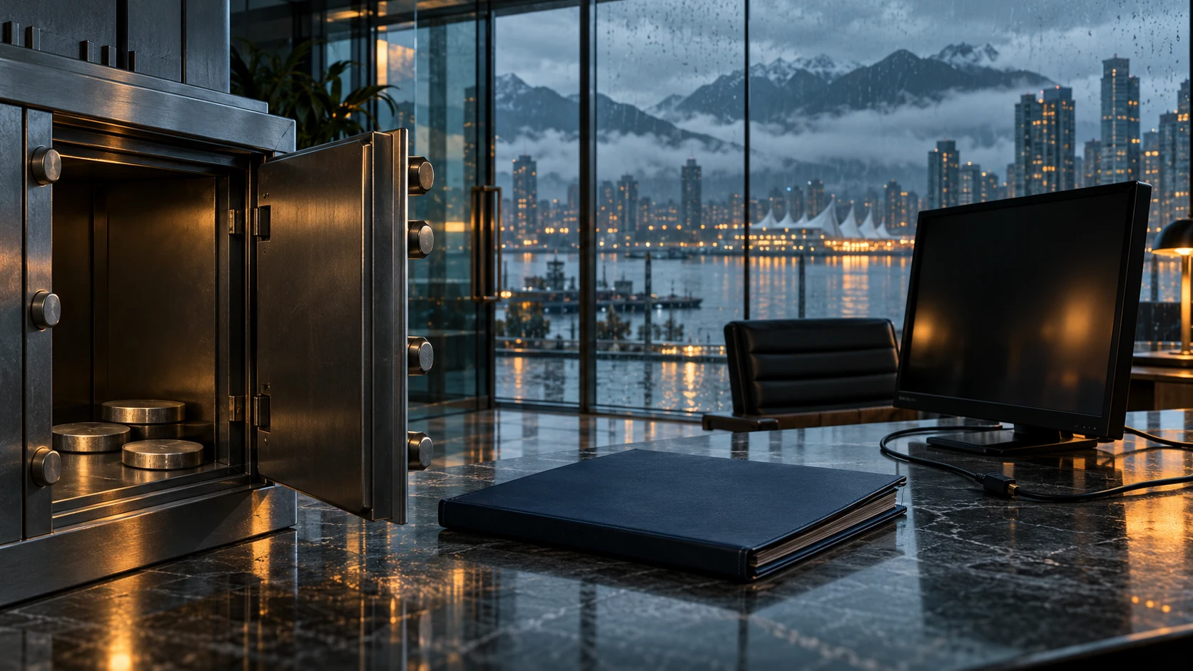 Conceptual illustration of an open steel vault holding a few unmarked metal discs beside a closed folder and dark monitor overlooking Vancouver's rainy waterfront.