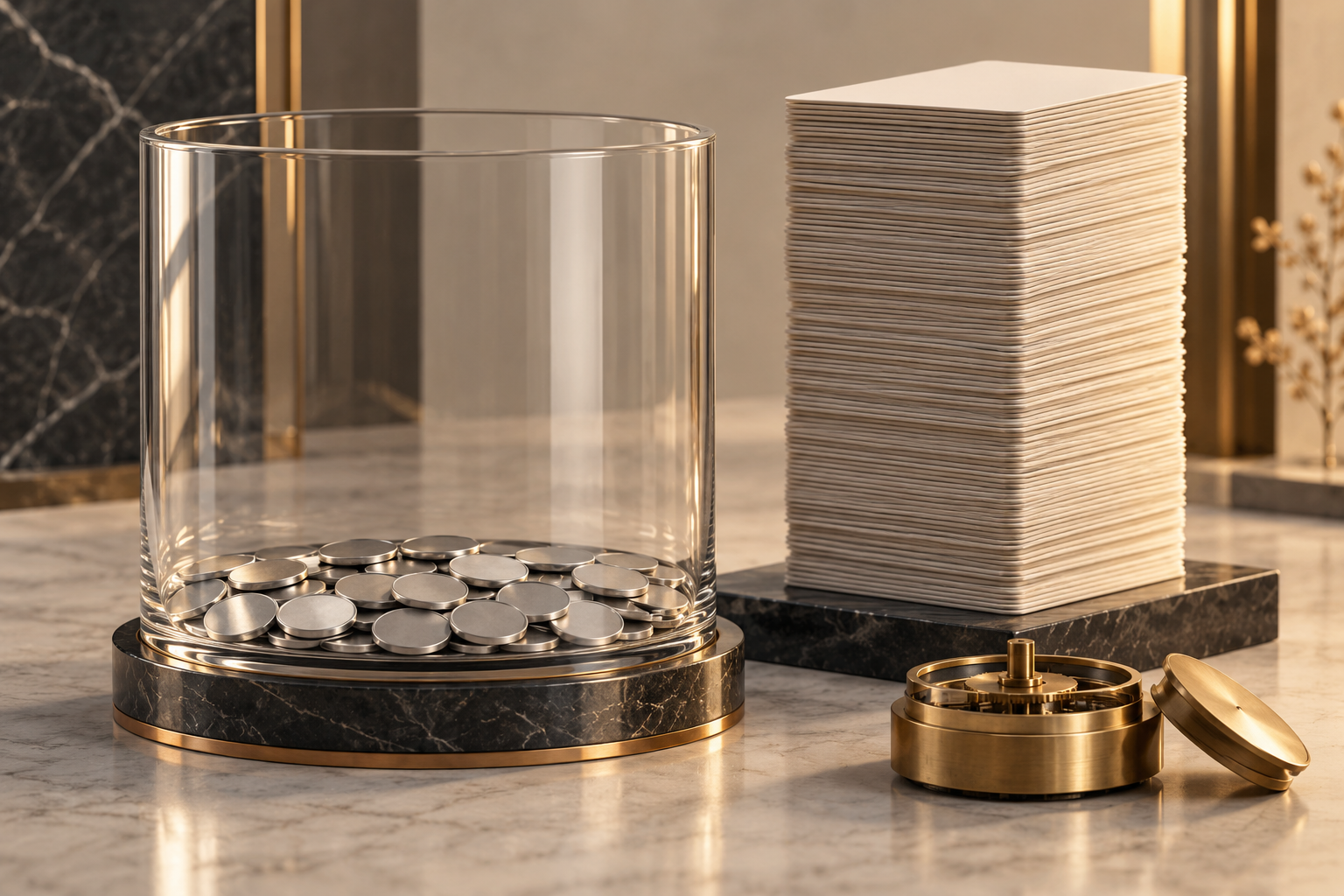 Conceptual illustration of a glass container holding a few metal discs beside a tall stack of blank account cards and a disconnected brass mechanism.