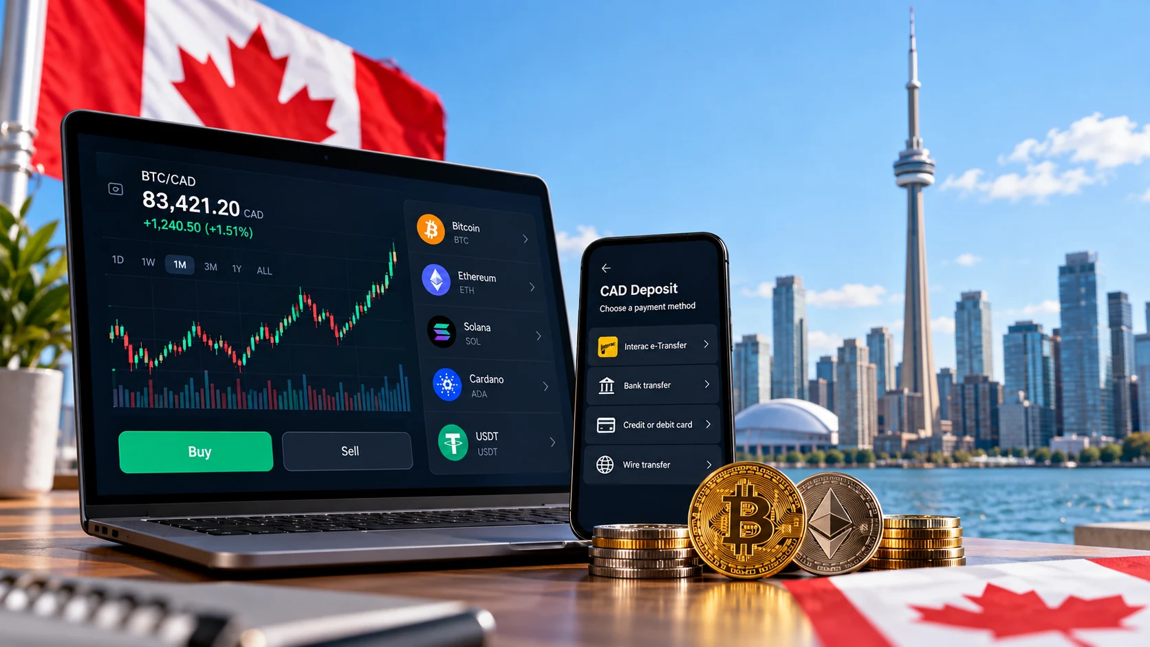 Bitcoin and Ethereum coins beside a laptop showing an illustrative crypto trading screen and a smartphone showing CAD deposit methods, with the Canadian flag and Toronto skyline in the background.