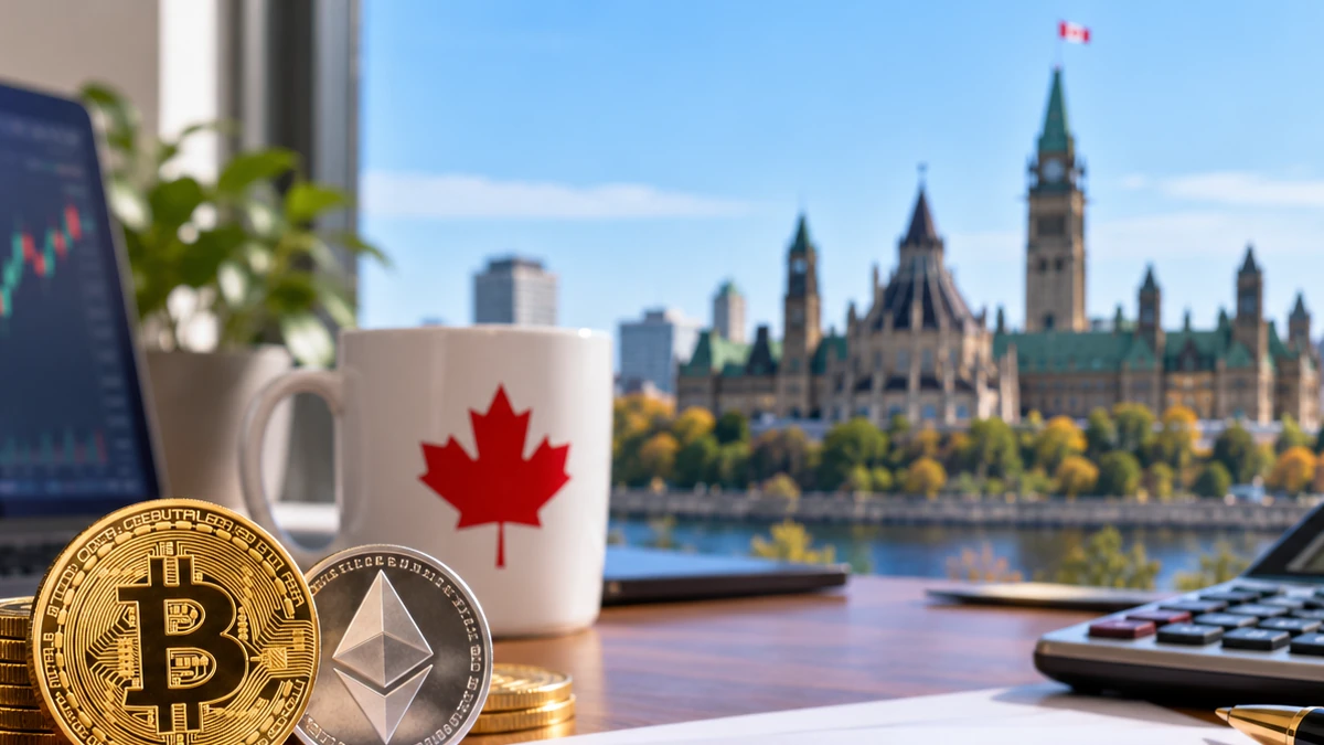 Editorial photograph of a Canadian tax desk with a calculator, ledger and cryptocurrency coins; no text or logos.