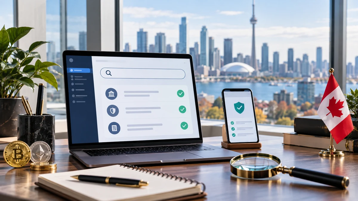 Editorial photograph of a Canadian financial research desk with a laptop, secure records, a magnifying glass and a Canadian flag.