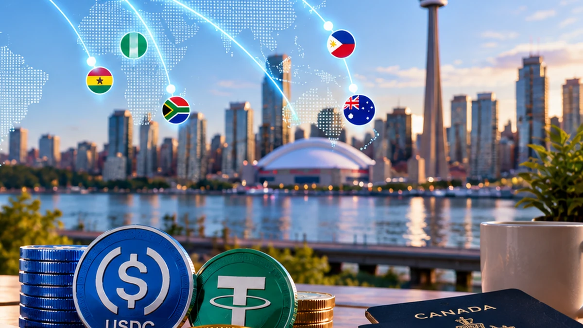 USDC and other crypto tokens in front of Toronto’s waterfront skyline, with illuminated international payment routes and destination flags.