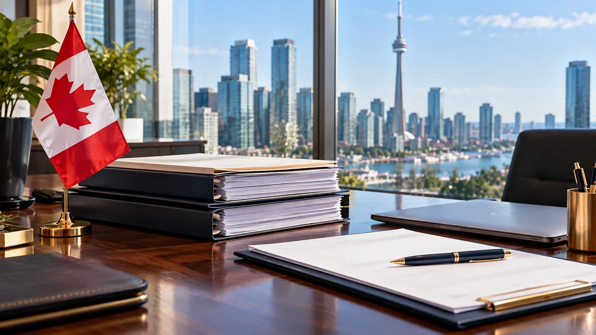 Canadian office desk with a laptop, structured application folders and a maple-leaf flag, representing FINTRAC MSB registration.
