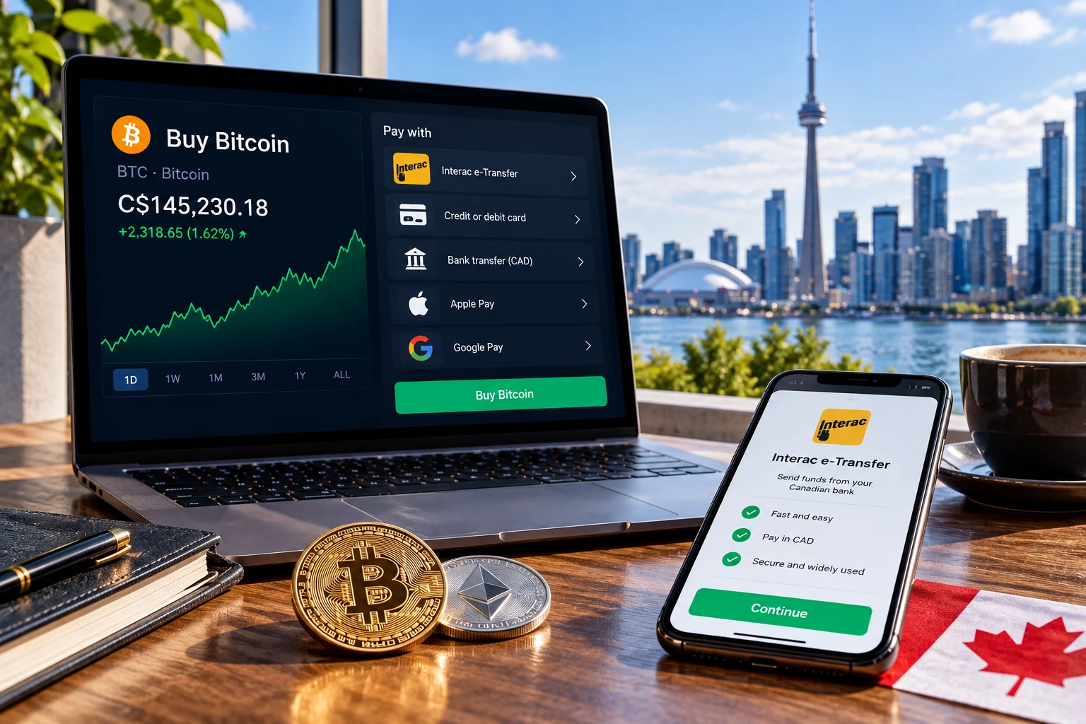 Illustrative Bitcoin trading and Canadian-dollar payment screens beside Bitcoin and Ethereum coins, with Toronto’s CN Tower and waterfront in the background.