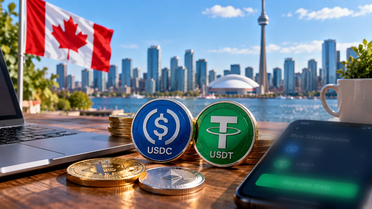 Editorial image of USDC and USDT tokens beside Canadian dollars and a smartphone, without readable text or interface details.