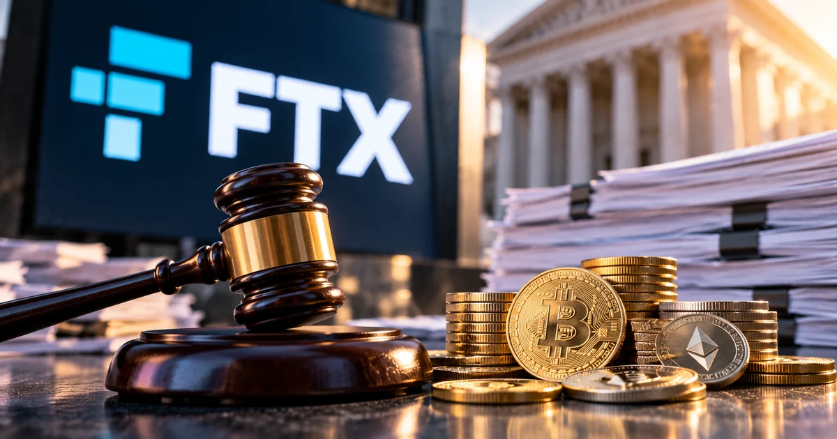 Editorial illustration showing the FTX logo, Bitcoin and Ethereum coins, legal documents and a judge's gavel representing cryptocurrency bankruptcy repayments.