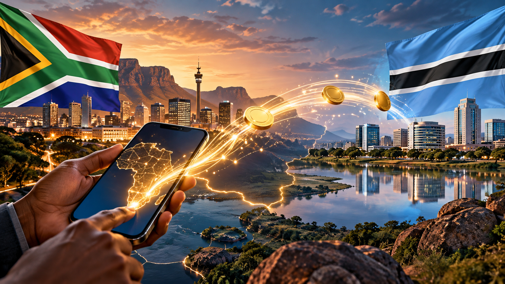 Illustration of a money transfer from South Africa to Botswana, with both national flags, a smartphone, city skyline elements and digital payment connections.