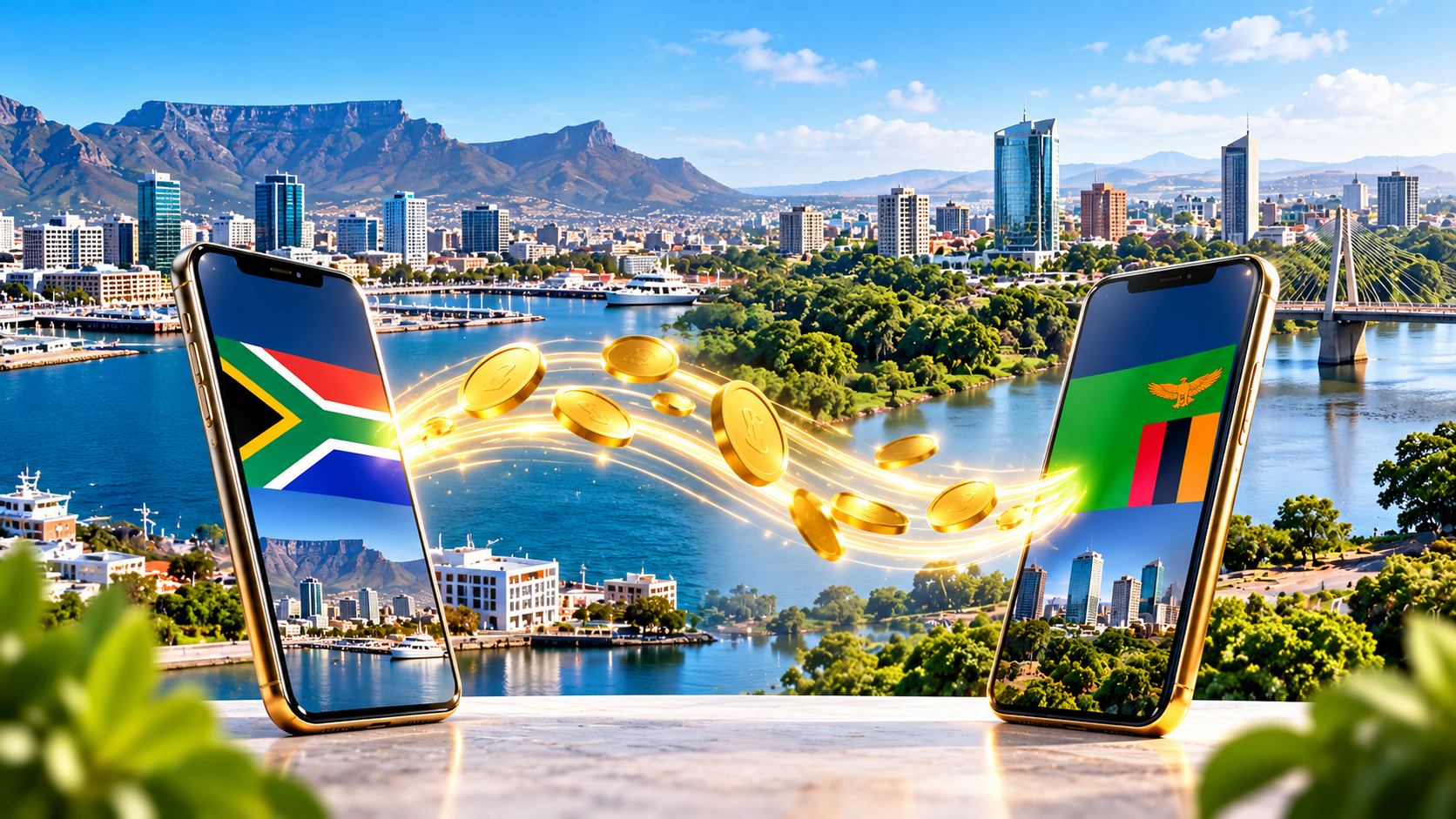 Golden-hour illustration of a bank transfer between South Africa and Zambia, showing the two national flags, bank buildings and a glowing international payment connection.