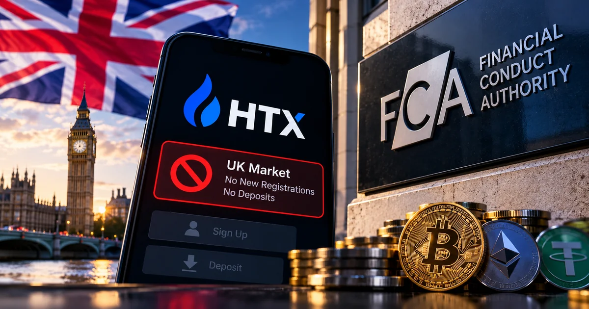 Editorial illustration of an HTX trading screen showing UK account restrictions, with the Financial Conduct Authority sign, a Union Jack and cryptocurrency coins in the foreground.