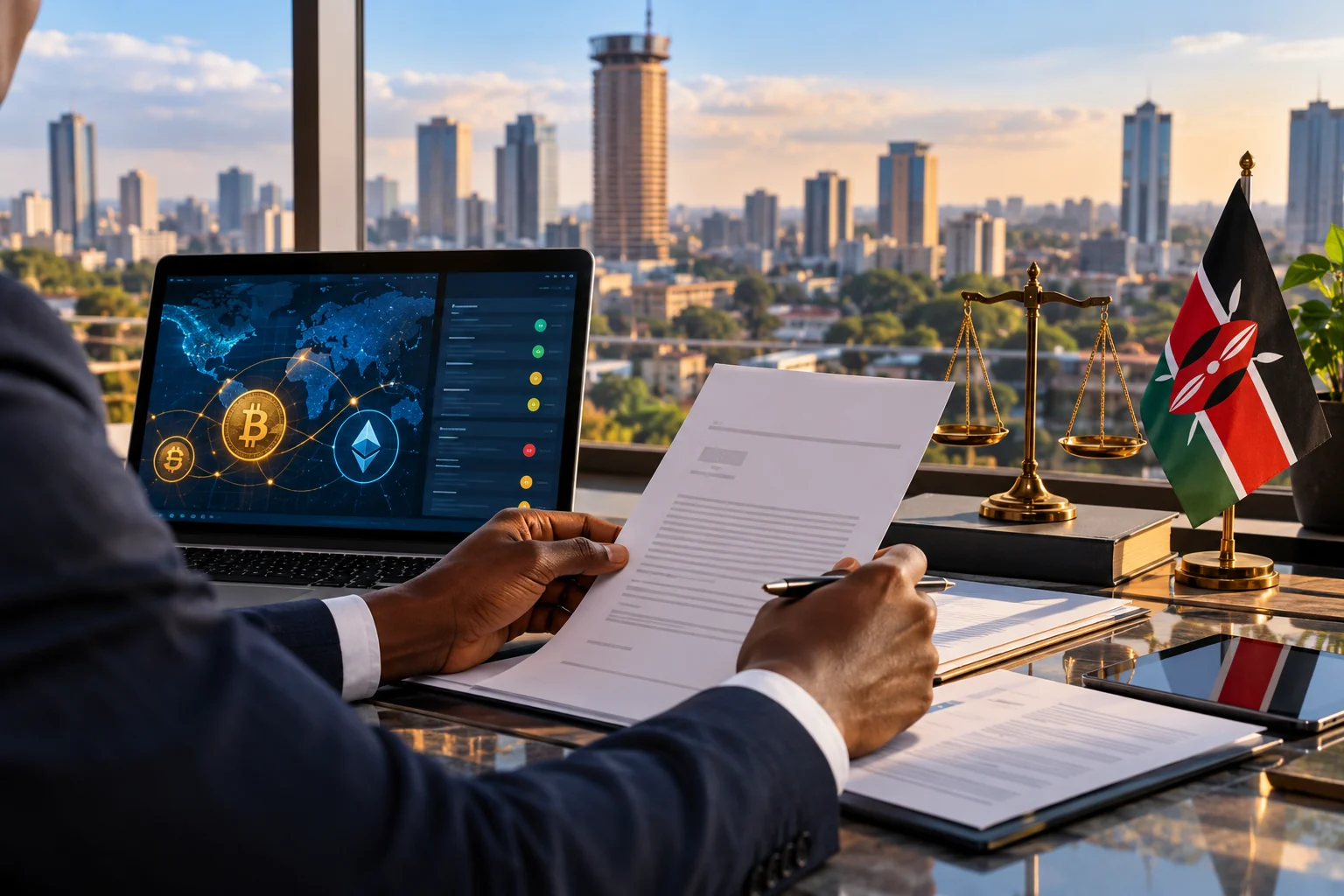 Kenyan compliance professional reviewing cryptocurrency licensing documents in an office overlooking Nairobi, with a Kenyan flag and justice scales.