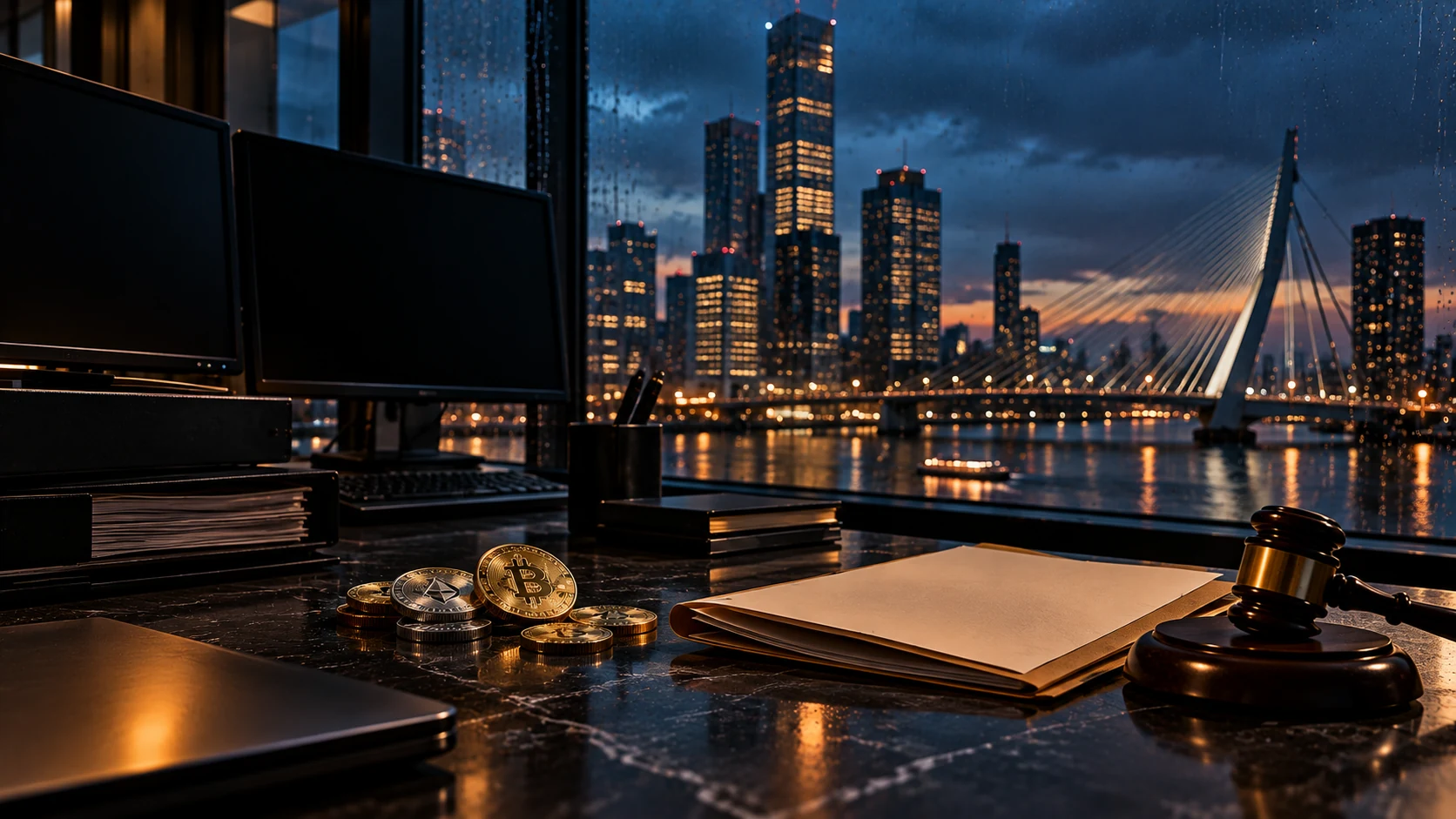 Illustration of a dark cryptocurrency trading office overlooking a bridge and city waterfront, with a legal folder, digital coins and a judge’s gavel on a desk.