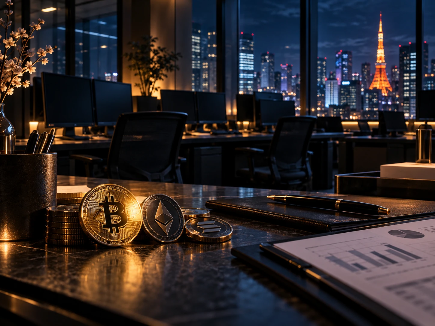 Dark vacant cryptocurrency trading desks and symbolic coins, illustrating the June 2026 shutdown of LINE BITMAX in Japan.