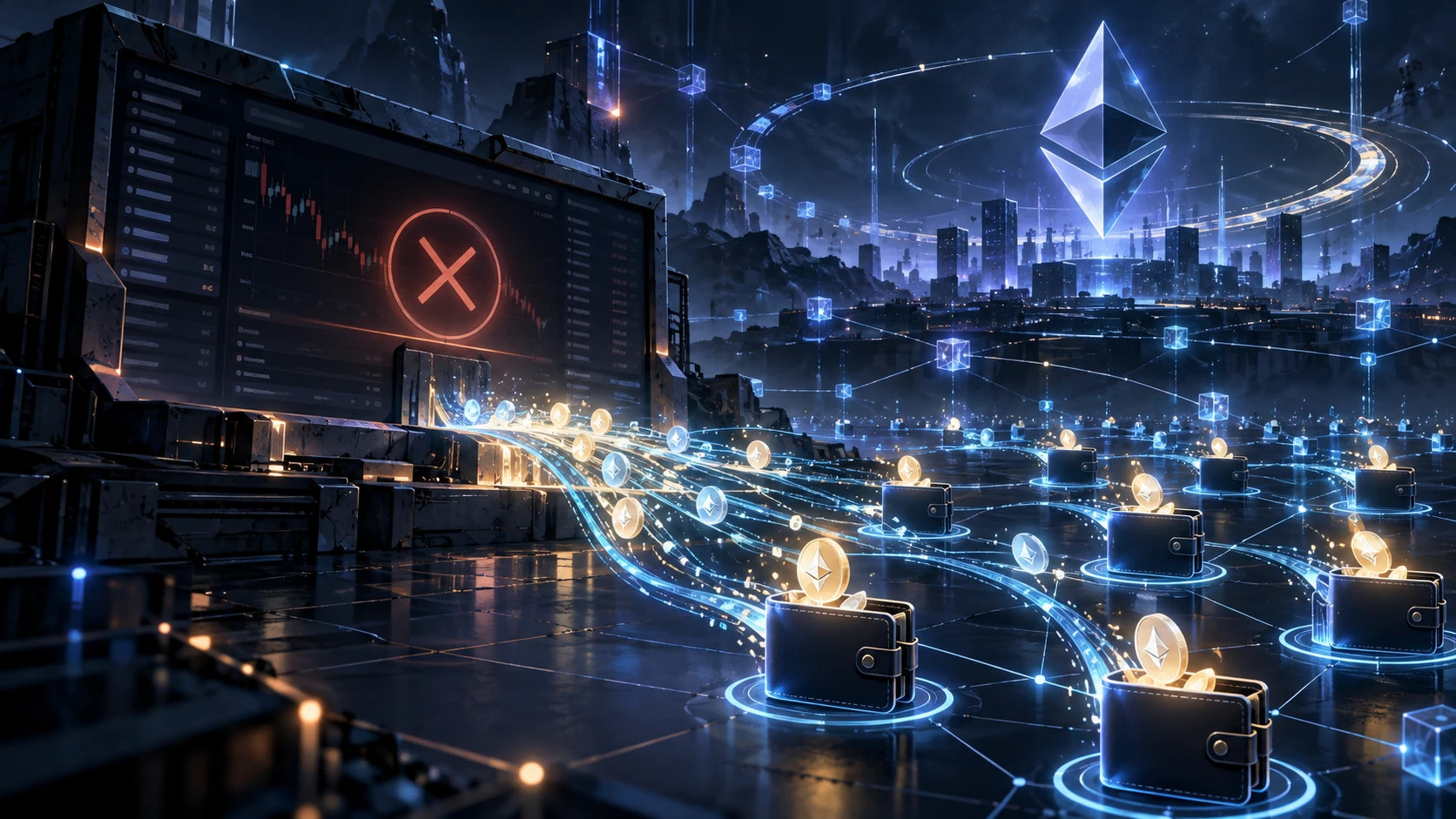 Conceptual illustration of Ethereum Layer 2 blockchain data nodes and transaction paths, symbolising Loopring's 2026 decentralized exchange shutdown.