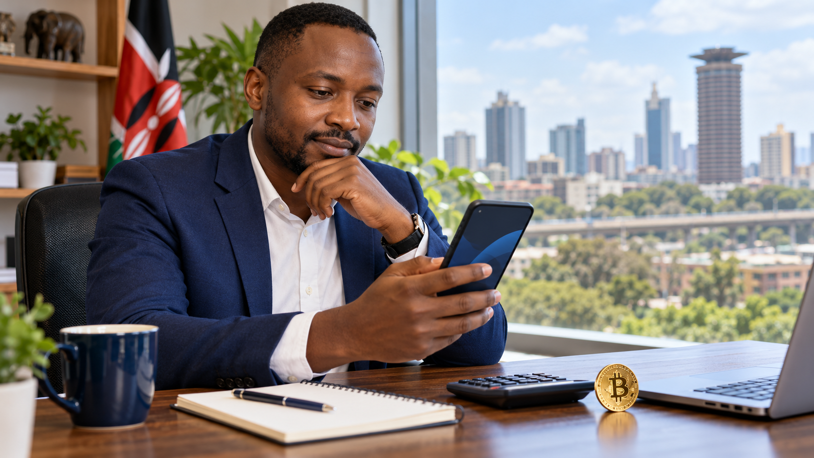 Man reviewing a smartphone at a Nairobi desk with a calculator, notebook, Bitcoin token and Kenyan flag.