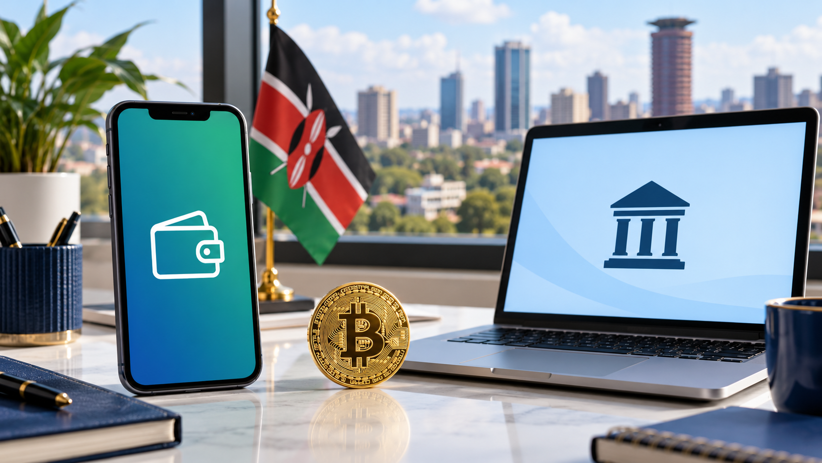 Smartphone and laptop beside a Bitcoin token and Kenyan flag, illustrating mobile-money and bank-transfer purchase routes.