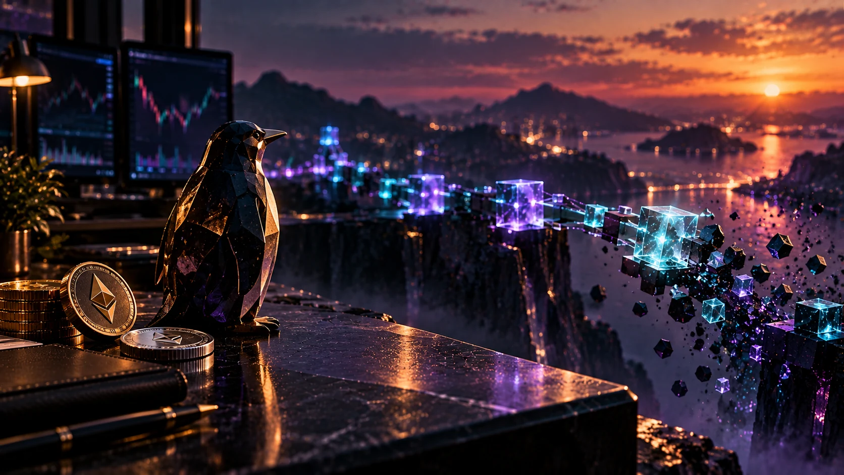 Conceptual black penguin figurine with cryptocurrency coins beside a fragmented purple blockchain bridge at sunset, illustrating Pingu Exchange's 2026 closure.