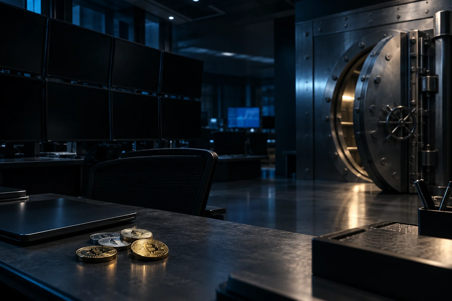 Dark inactive crypto trading room with black screens, metallic coins and an illuminated closed vault door, representing ProBit Global’s 2026 shutdown.