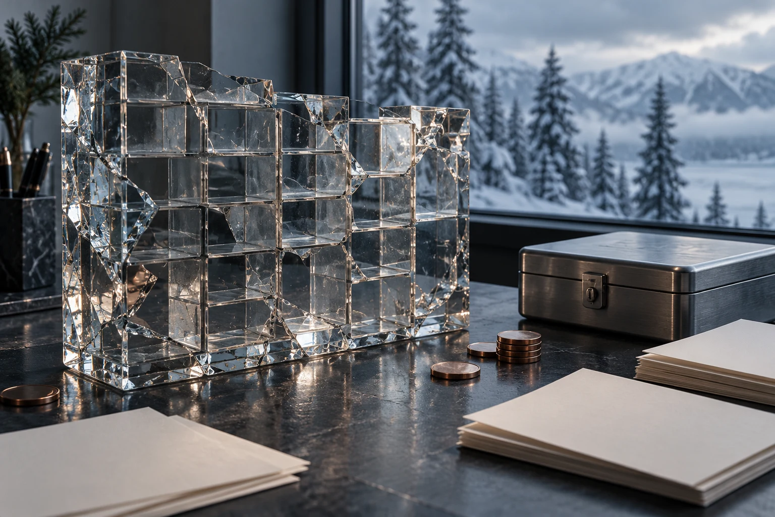 Conceptual illustration of a fractured glass ledger beside a closed metal cashbox and blank papers overlooking a snowy landscape.