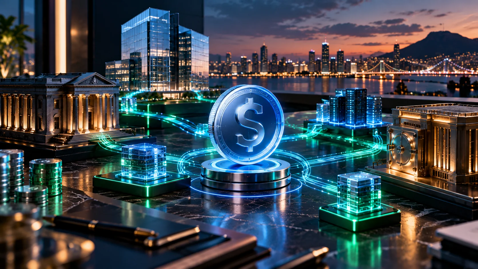 Editorial illustration of a glowing dollar stablecoin connecting digital financial infrastructure, a bank vault and international financial markets at dusk.