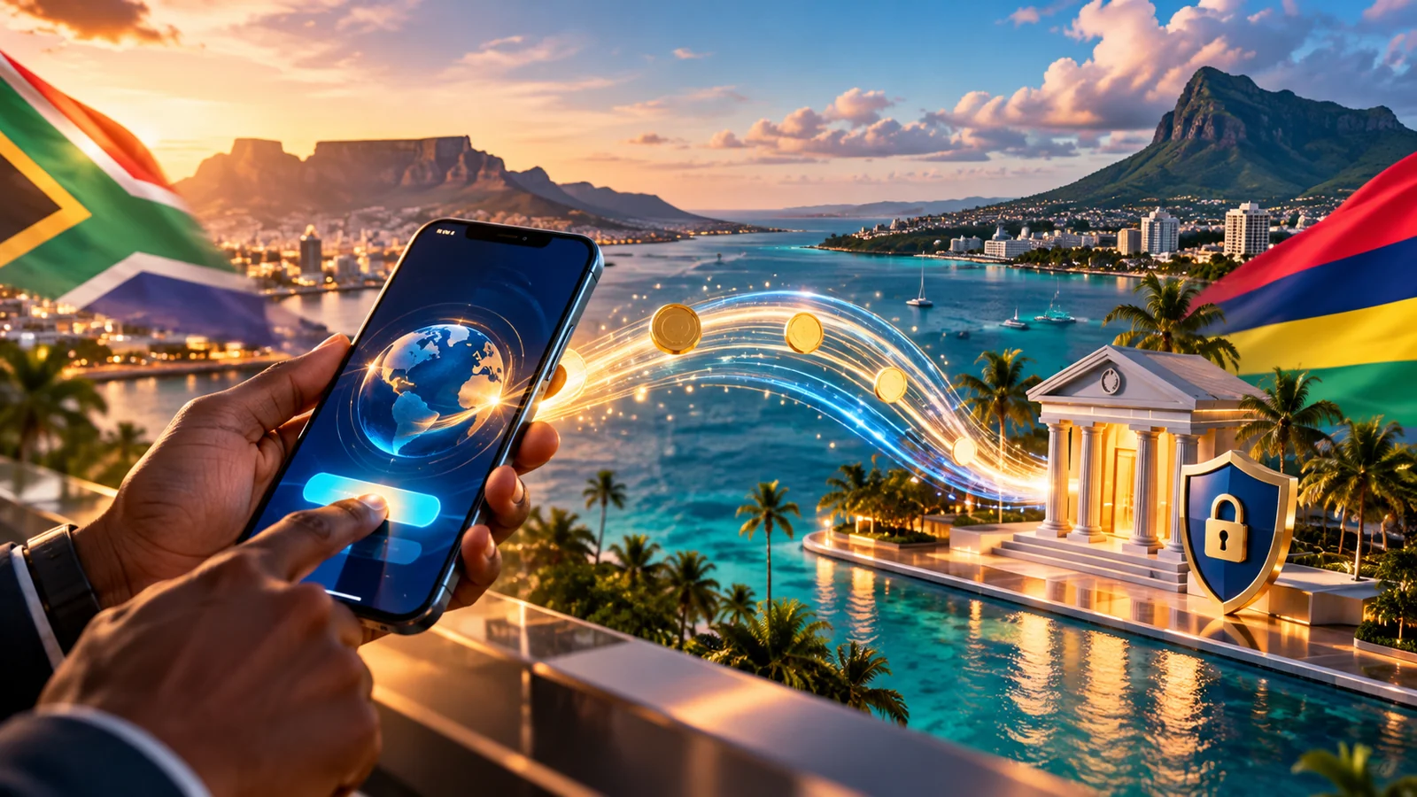 Digital money transfer between South Africa and Mauritius, illustrated with both national flags, a smartphone, coastal cityscapes and international payment connections.