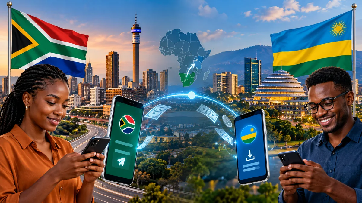 South African and Rwandan flags overlooking Johannesburg and Kigali, with two people using smartphones and a glowing digital payment connection between the countries.